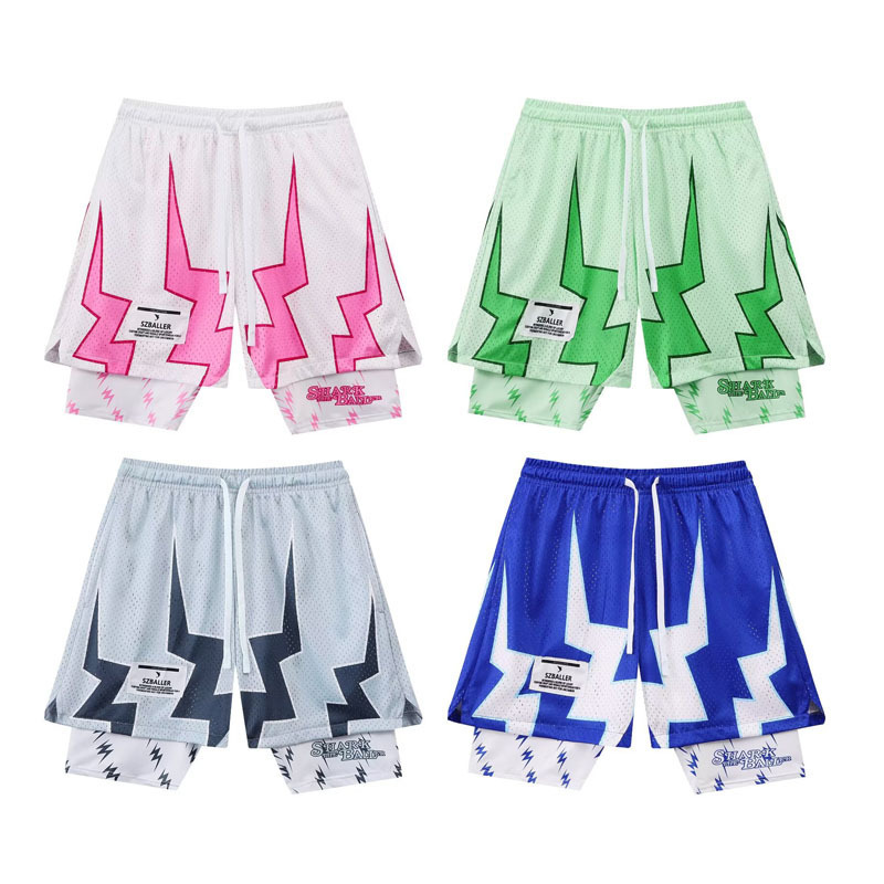 American Three-Point Sports Shorts with Lightning Print, Fake Two-Piece Elastic Lining, Anti-Exposure Fitness Sports Training Pants