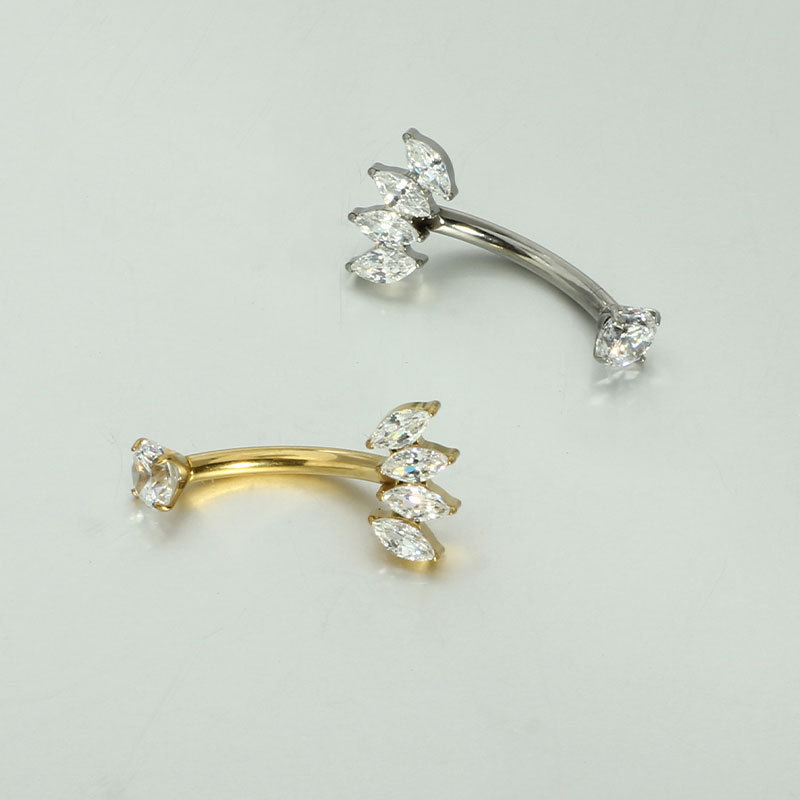 F136 Titanium Navel Ring with Four Marquise Zircon Stones, Internal Thread 14g Belly Button Ring, G23 Titanium Piercing Jewelry detail image 7