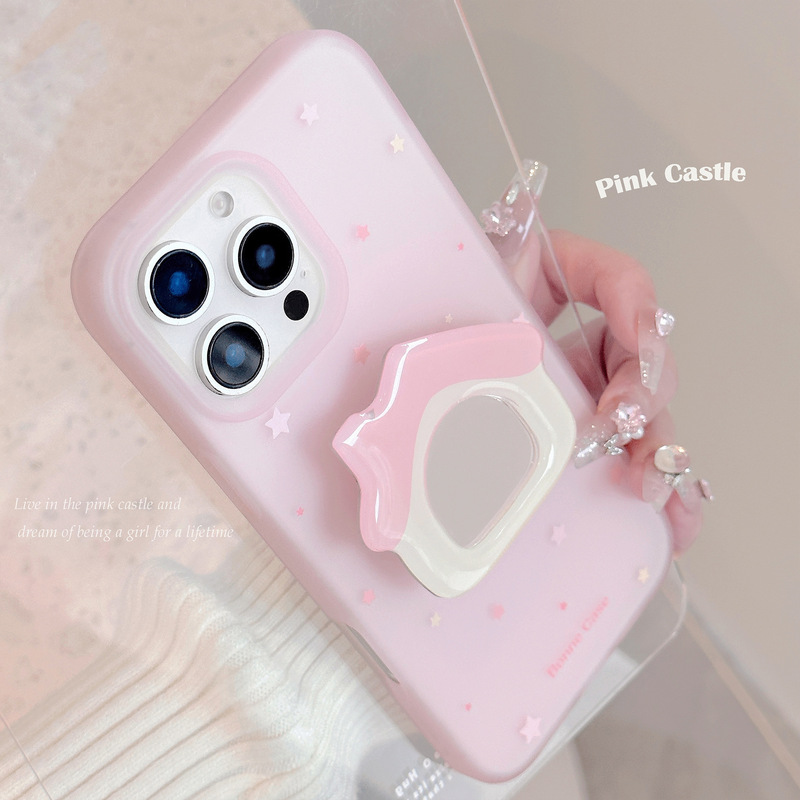 インスタ映えピンクハウスミラー付きスタンド iPhone15Pro Max/Apple 16/13/17対応 ニッチスマホケース|undefined