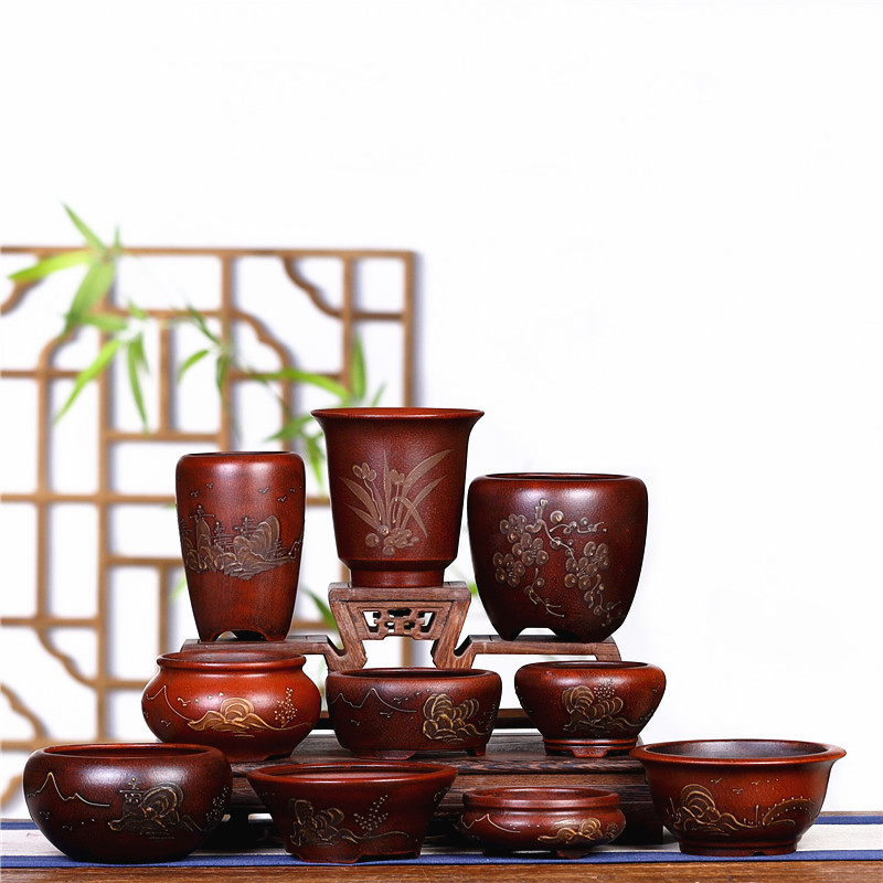 Yixing purple clay antique-style flower pot wholesale carved minimalist home landscape orchid pot moss green plant decorative small flower pot