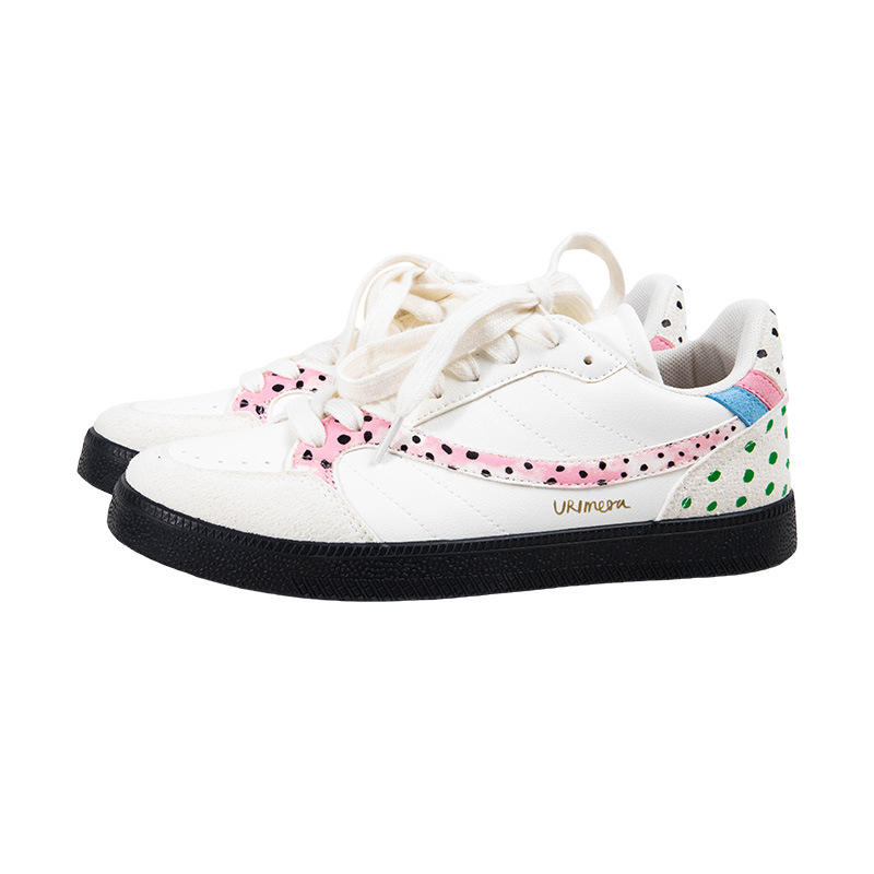 白鹿鞋业复古彩色波点学生板鞋2025款圆头平底系带女款休闲鞋女鞋