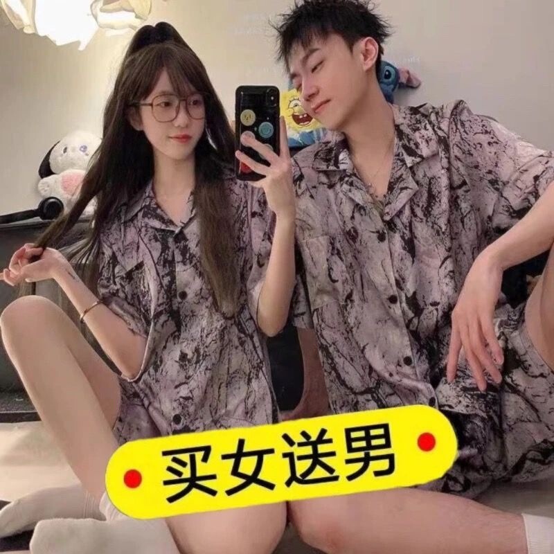 Buy One Get One Free Ice Silk Couple's Pajamas for Women, Spring and Summer Couple's Clothing, Men's Short-Sleeved Shorts, Imitation Ice Silk Home Wear Buy One Get One Free Ice Silk Couple's Pajamas for Women, Spring and Summer Couple's Clothing, Men's Short-Sleeved Shorts, Imitation Ice Silk Home Wear