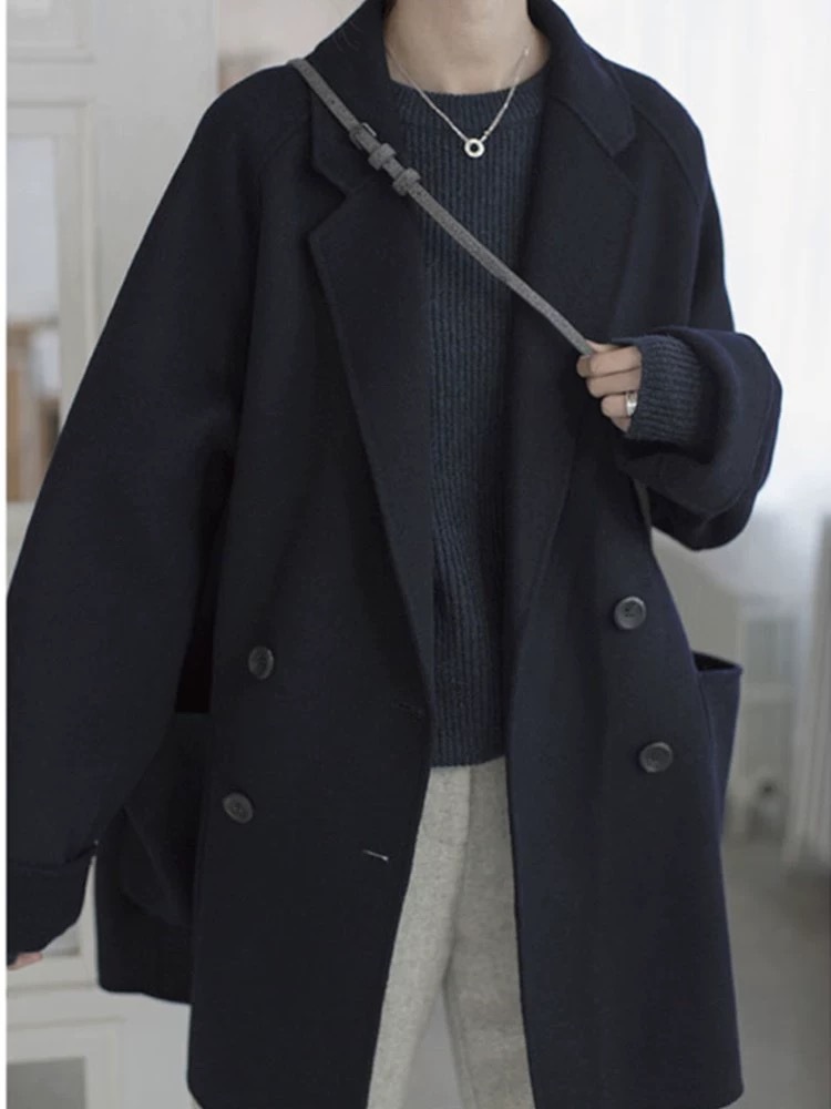 25秋冬新作両面ウールコート レディース 韓国風 シンプル 小柄向け ミドル丈 ゆったりスーツ風ウールジャケット