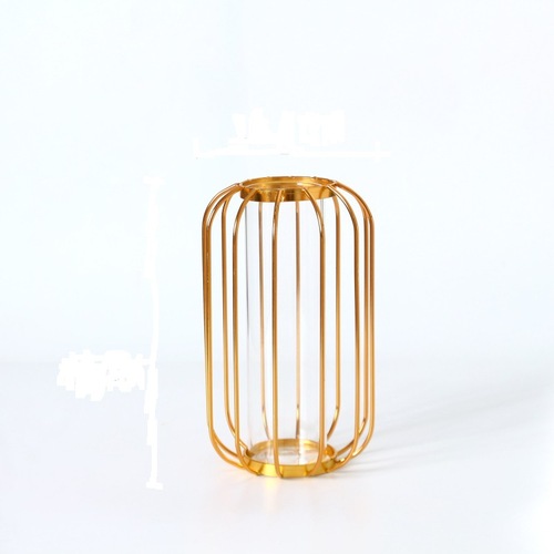 Factory Direct Sale Nordic Simple Gold Lantern Iron Craft Vase Slim Waist Hydroponic Flower Pot Artificial Flower Decor