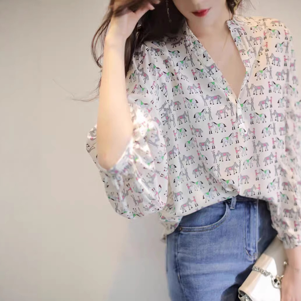 Áo sơ mi nữ tay lửng chất voan hoa nhí kiểu Pháp tay bồng — Hoa vỡ chi tiết 1