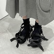 牛皮版~新款走秀T厚底短靴女蝴蝶结小众百搭魔术贴松糕底单鞋潮