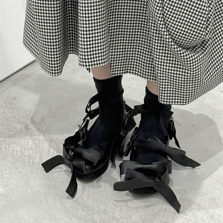 牛皮版~新款走秀T厚底短靴女蝴蝶结小众百搭魔术贴松糕底单鞋潮