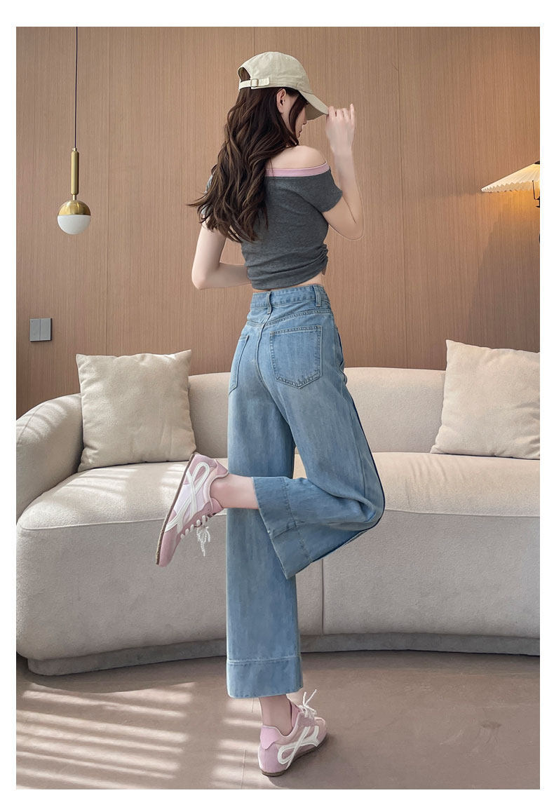 Quần jeans ống rộng nữ dáng suông cạp cao ống suông 9 điểm — Màu xanh hoài cổ 9 điểm chi tiết 15