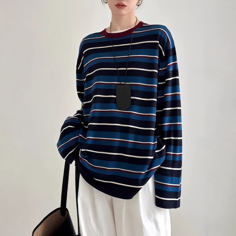 Xu Da Lian Aridis Wool Mulberry Silk Tencel Blouse Spring and Summer Retro Contrast Color Striped Long Sleeve Sweater Women's free size