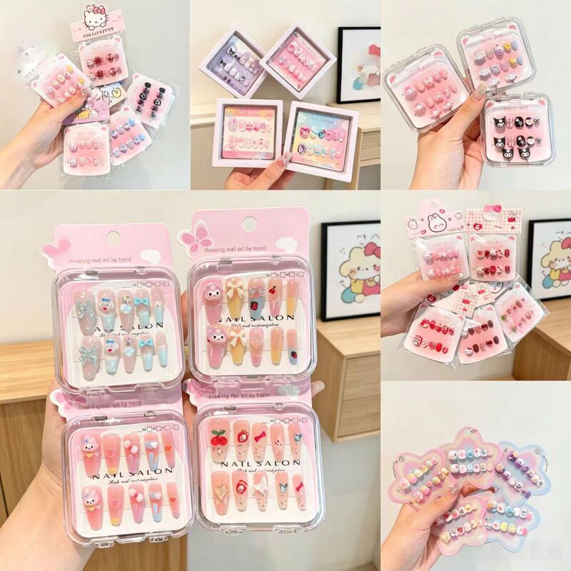 New Sanrio children's nail art for girls, cute cartoon wearable nail pieces, exquisite transparent box-packed nail stickers