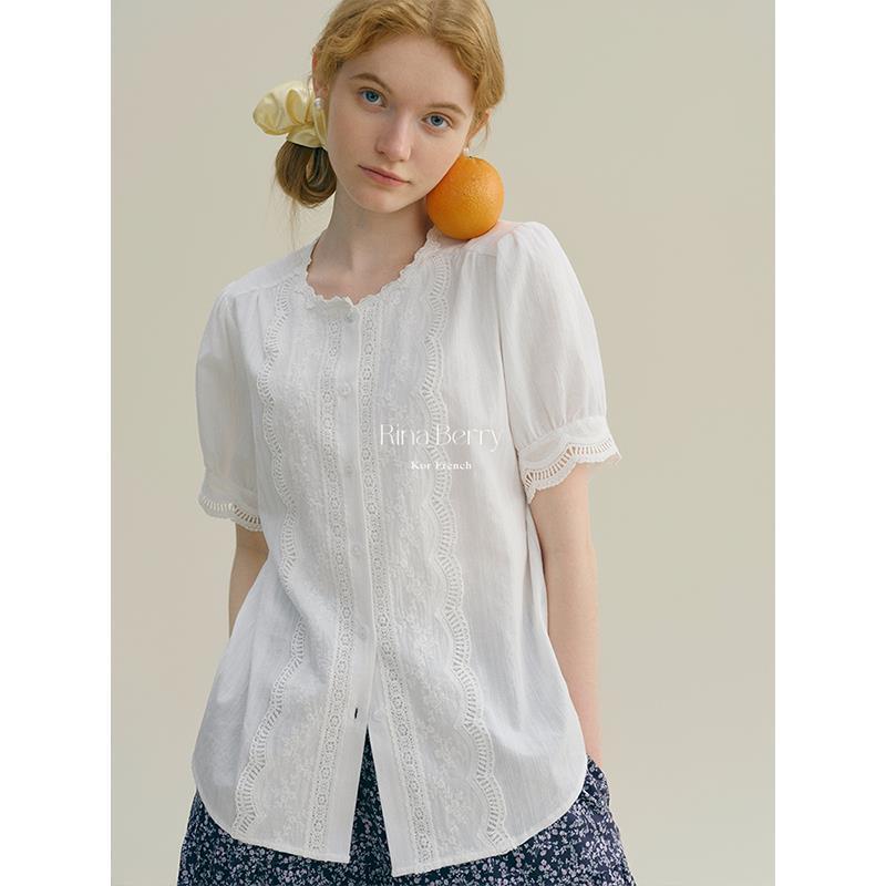Rina Bery Round-Neck Embroidered Hollow-Out Cuff Lace French Pastoral Style Simple Design Top Shirt Rina Bery Round-Neck Embroidered Hollow-Out Cuff Lace French Pastoral Style Simple Design Top Shirt