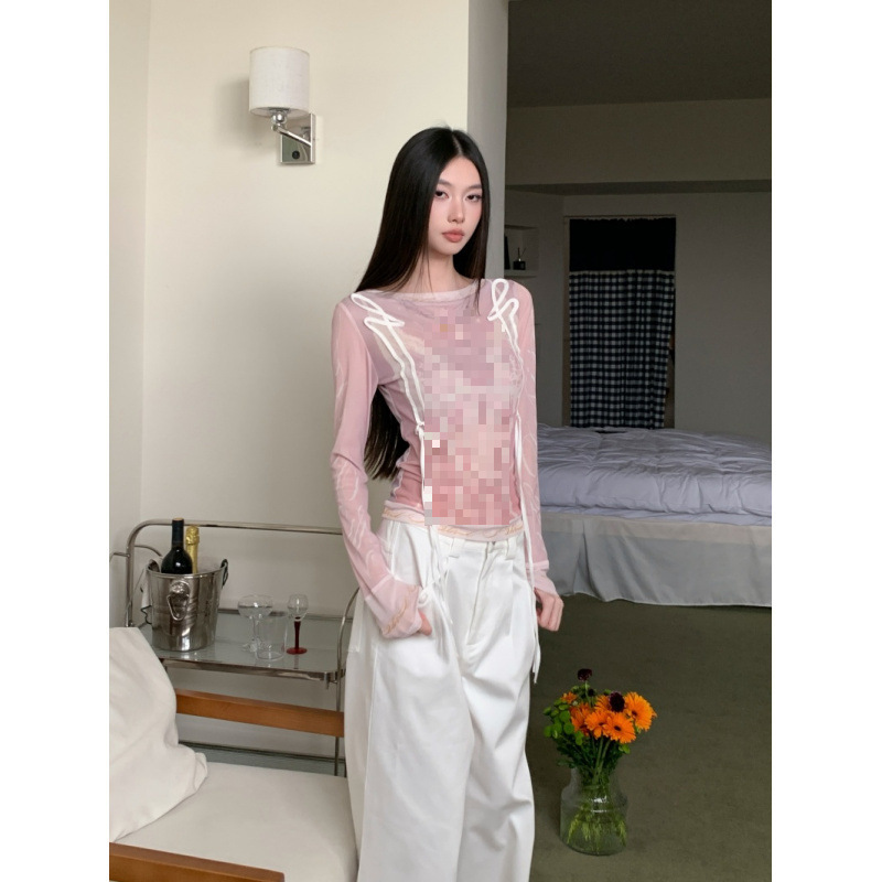 Lace Mesh T-Shirt Women's Contrasting Color Printed Strappy Tulle Layered Top
