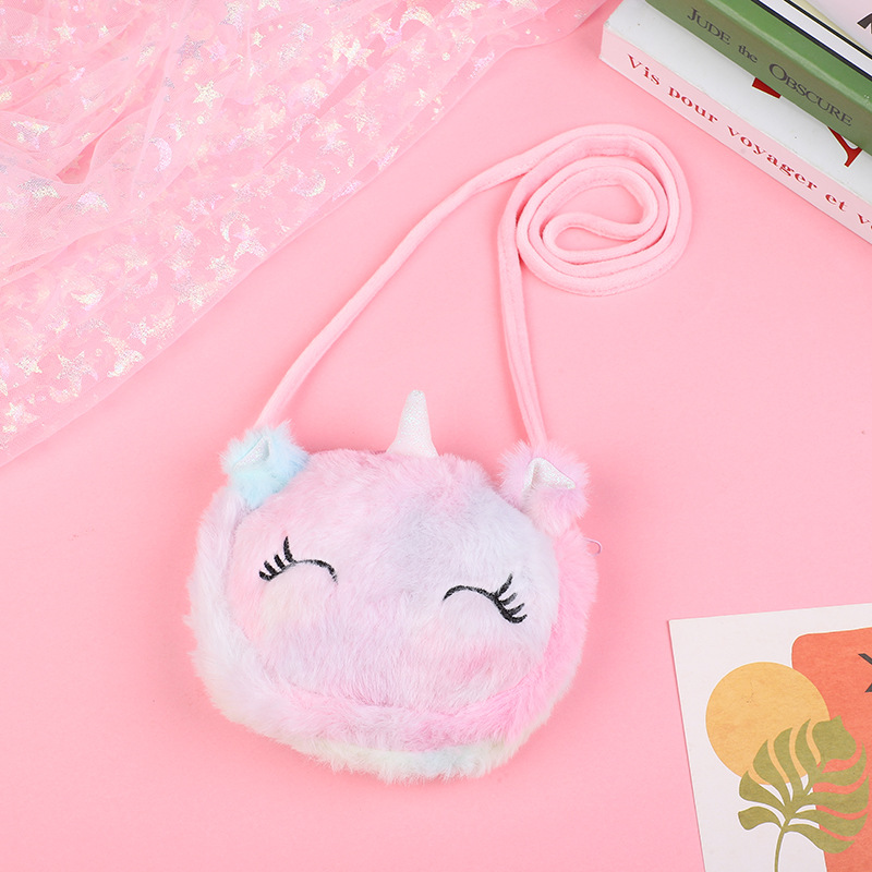 Estilo coreano de dibujos animados lindo unicornio felpa pequeña bolsa de hombro chica estudiante hombro mensajero bolsa de almacenamiento de bebé monedero