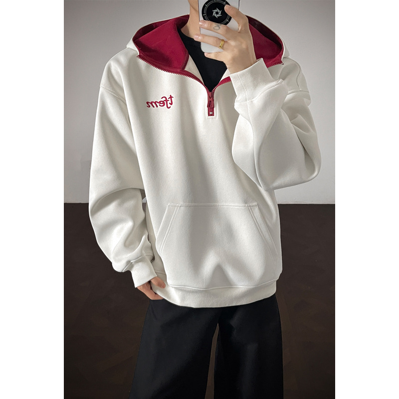 Felpa con cappuccio e mezza zip ricamata in stile americano da uomo, marca di tendenza autunnale, cotone pesante 400 g, stile streetwear alla moda per uomo_voghion.com