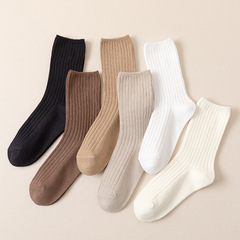 2 pairs of spring and summer new coffee-series thick cable double-needle women's socks, cotton Japanese-style mid-calf socks, student socks, solid color socks