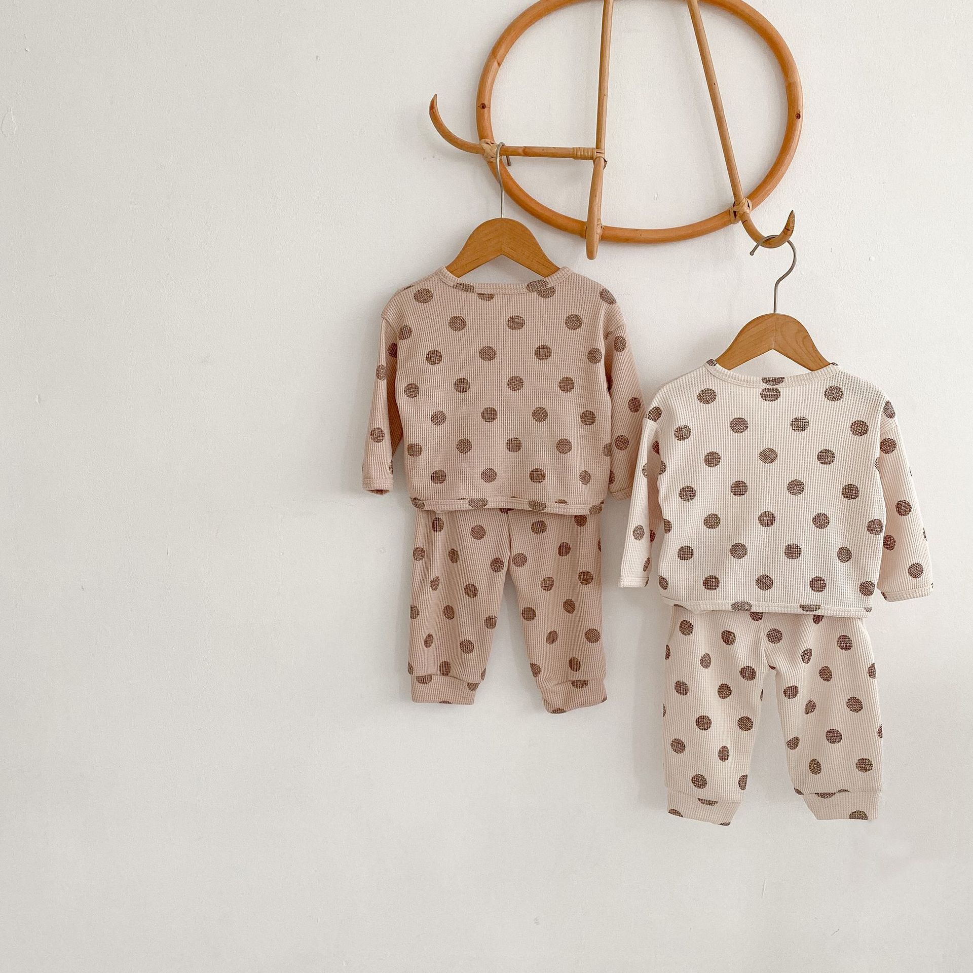 INS2024 Autumn Waffle Dot Print Set for Boys Girls Baby Top and Pants, Two Piece Home Clothes_voghion.com