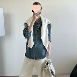 复古水洗浅蓝牛仔衬衫叠穿内搭长袖上衣通勤简约气质衬衣