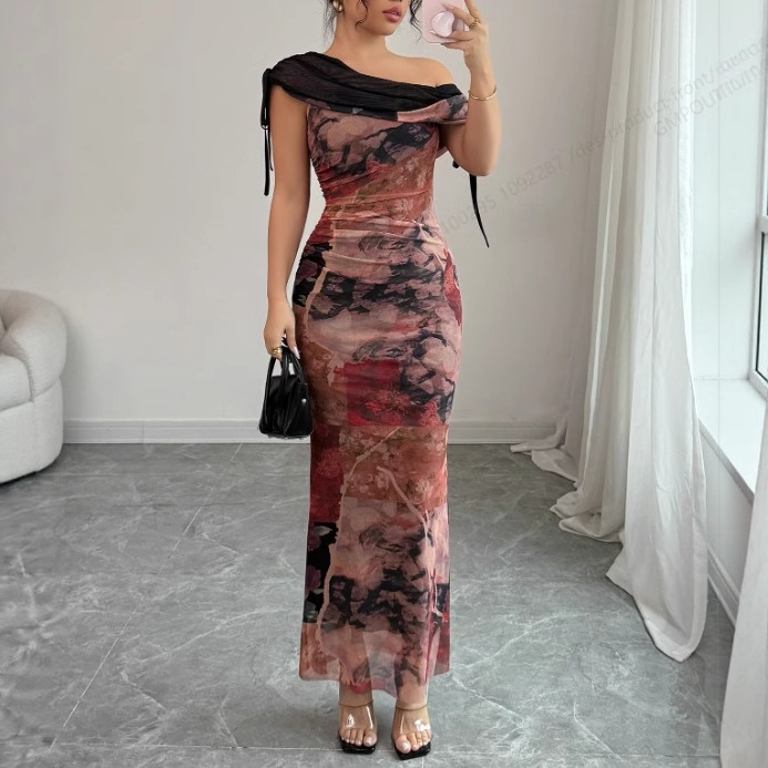 Off-shoulder Printed Mesh Dress For Women, Summer Cheongsam, Sexy Slim-fit Bodycon Long Dress, Light Luxury_ecoleips.com
