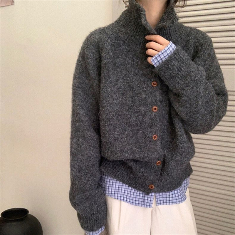 秋冬韩系单排扣翻领针织开衫上衣温柔风甜美毛衣外套女高级感品质|undefined