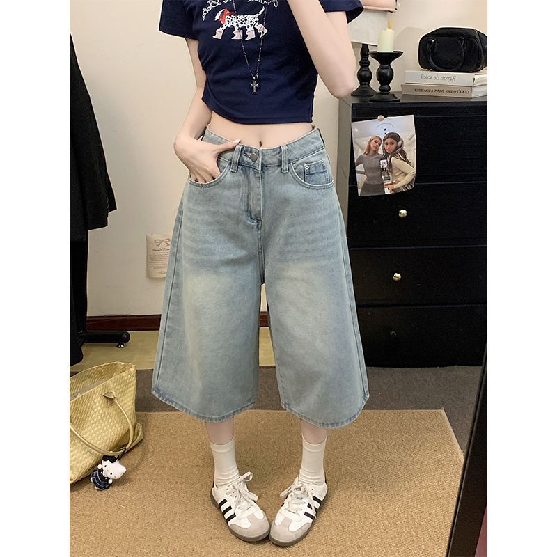 American High Street Style Light Blue Wide-Leg Cropped Denim Pants for Women, Summer High-Waisted Plus-Size Slimming Loose Straight Pants American High Street Style Light Blue Wide-Leg Cropped Denim Pants for Women, Summer High-Waisted Plus-Size Slimming Loose Straight Pants
