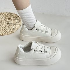 丑萌圆头小白鞋女款2025春秋韩版纯色厚底帆布鞋增高学生休闲板鞋