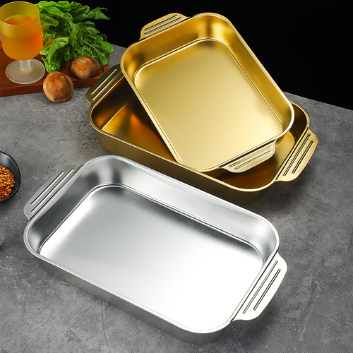 Wholesale 304 stainless steel flat bottom thickened grilled fish tray commercial rectangular baking tray tray golden hot pot basin dinner plate