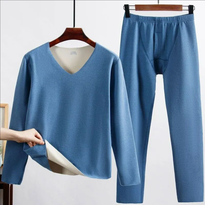 Autumn and Winter New Ab Surface Thermal Underwear Set for Men, Fleece-Lined and Thickened, V-Neck, Wholesale Thermal Underwear