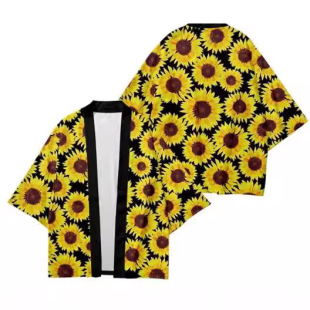 New Amazon Cross-Border Sunflower 3D Digital Printing Checkerboard Loose Cape Casual Japanese Style Kimono