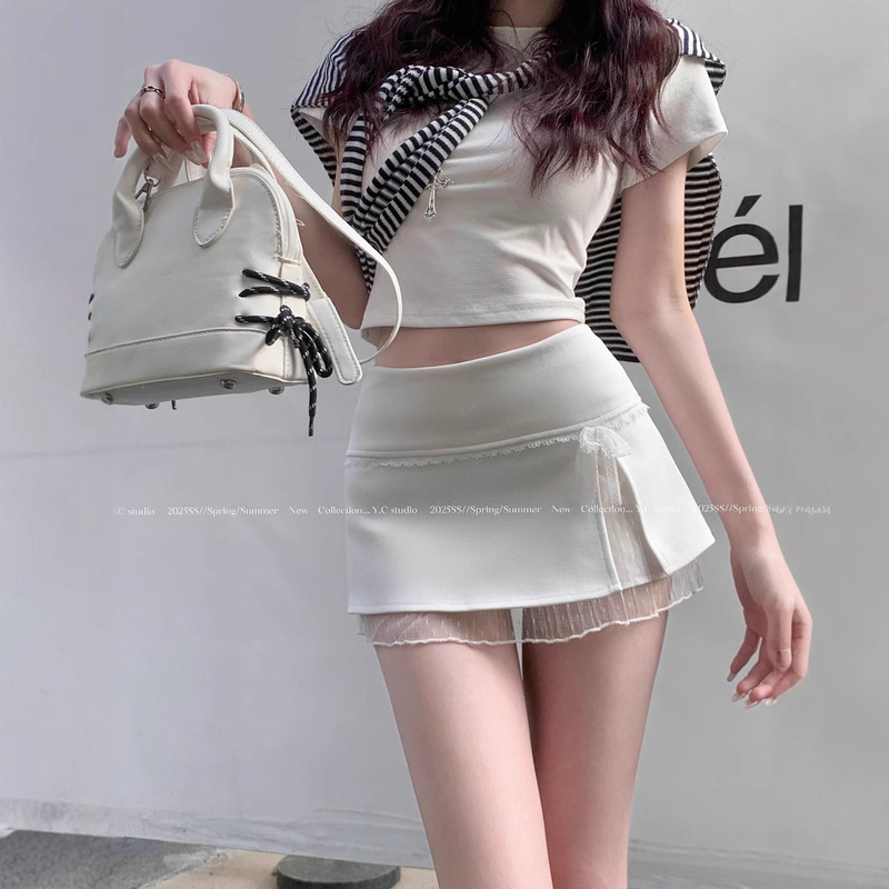 Bow Lace Skirt Women's Summer High Waist All-match Hot Girl Sexy Anti-glare A- line Ultra-short Hip Skirt Bow Lace Skirt Women's Summer High Waist All-match Hot Girl Sexy Anti-glare A- line Ultra-short Hip Skirt