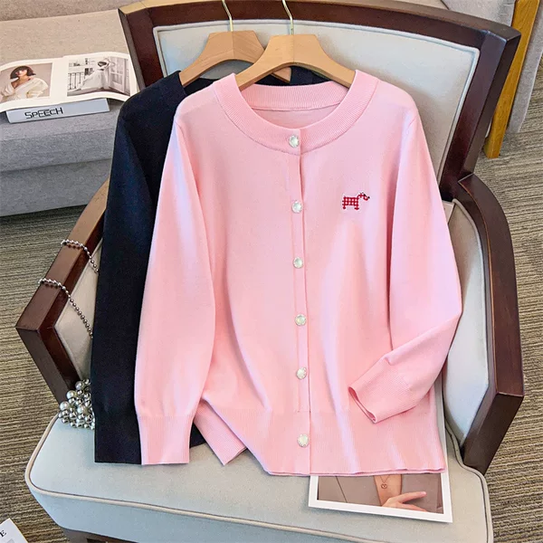 200/ 150kg Plus size women's clothing, bust size 150/160, loose round-neck cardigan sweater, knitted 350-8075