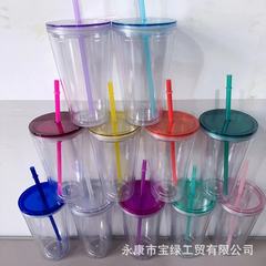 爆発的な国境を越えたコップ480ml二重プラスチックコップ高颜値コップストロー付き冷たい飲み物カップストローカップ
