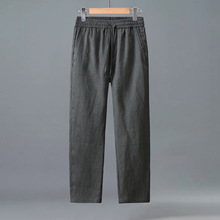3047亚麻休闲商务裤男士松紧腰直筒抽绳系带宽松薄款透气简约男裤