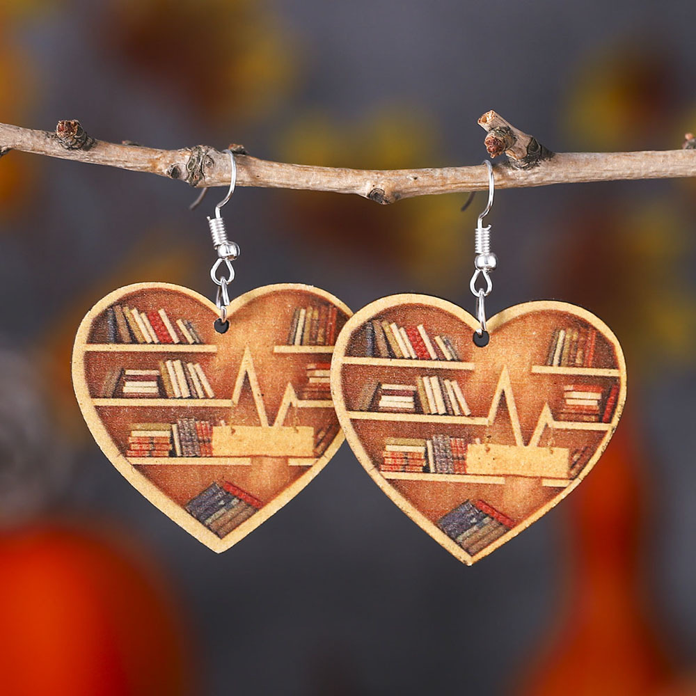 Book Lovers Heart Librarian Earrings爱心书架耳环双面木质耳饰