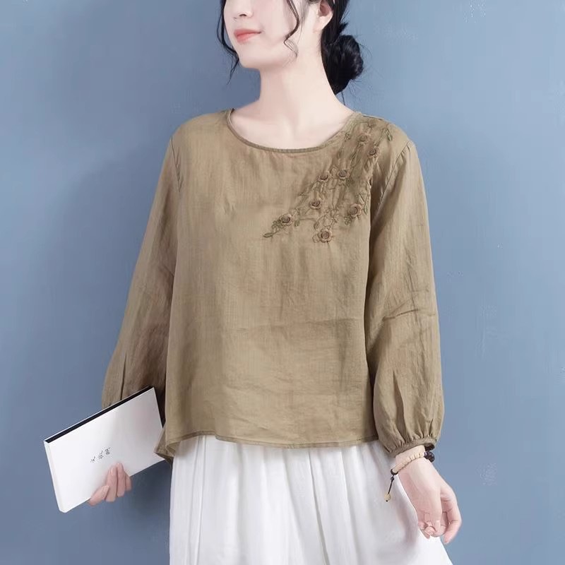 A Retro, Artistic Women's Shirt With A Round Collar And Long Sleeves, Embroidered With Ramie Fabric Patterns; Perfect Fo_ecoleips.com