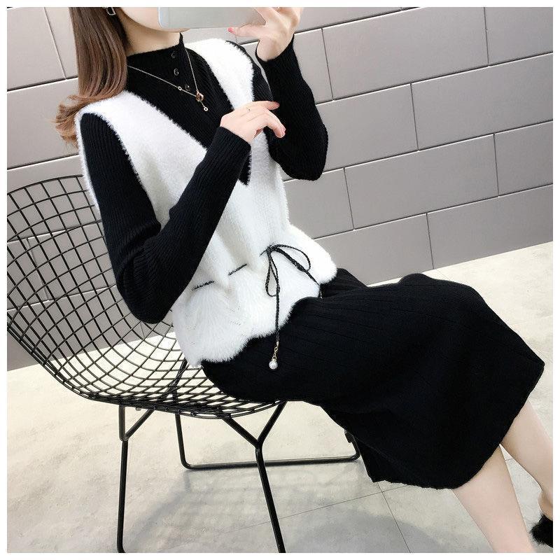 ニットドレススーツ女性の秋服 2025 新しい模造ミンクベルベットベストロングセータードレスツーピーススーツ|undefined