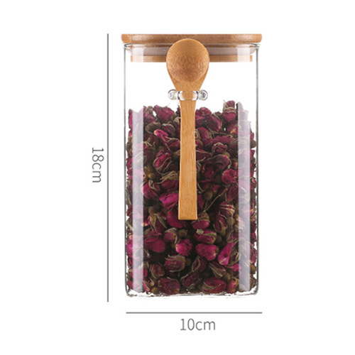 High borosilicate glass high-temperature resistant square tea snack storage jar with wooden spoon lid, five-grain glass sealed jar