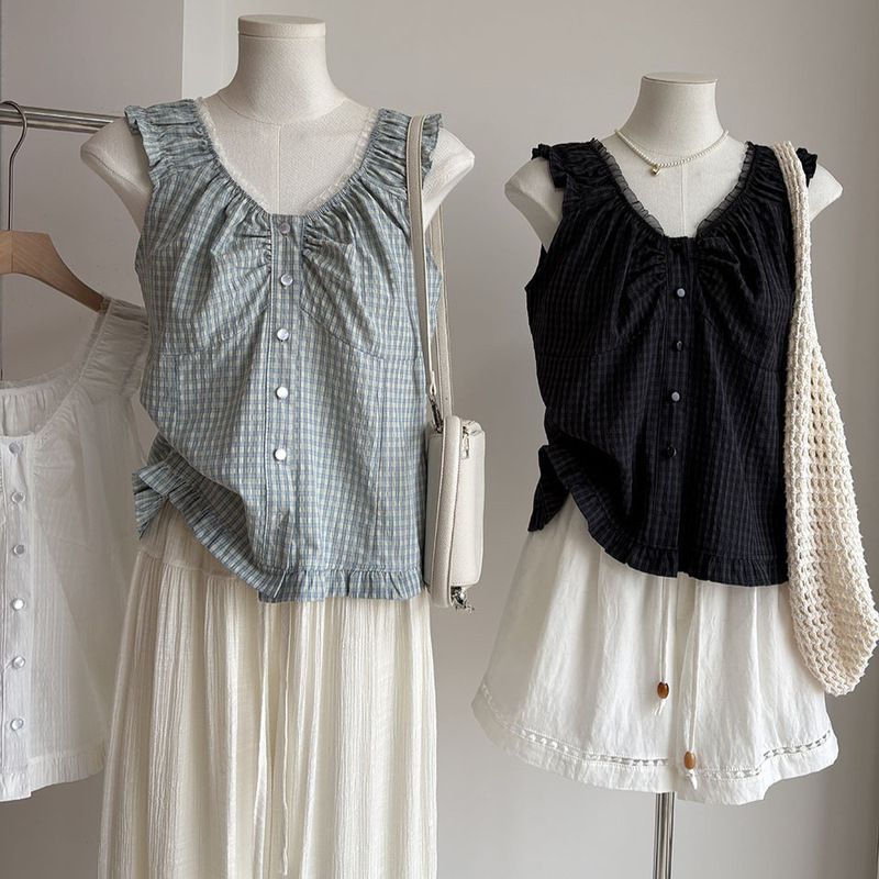 [Bizheng] 2026 Summer New Product Korean Style V-Neck Gauze Mesh Patchwork Plaid Breathable Slimming Sleeveless Shirt for Women 7078