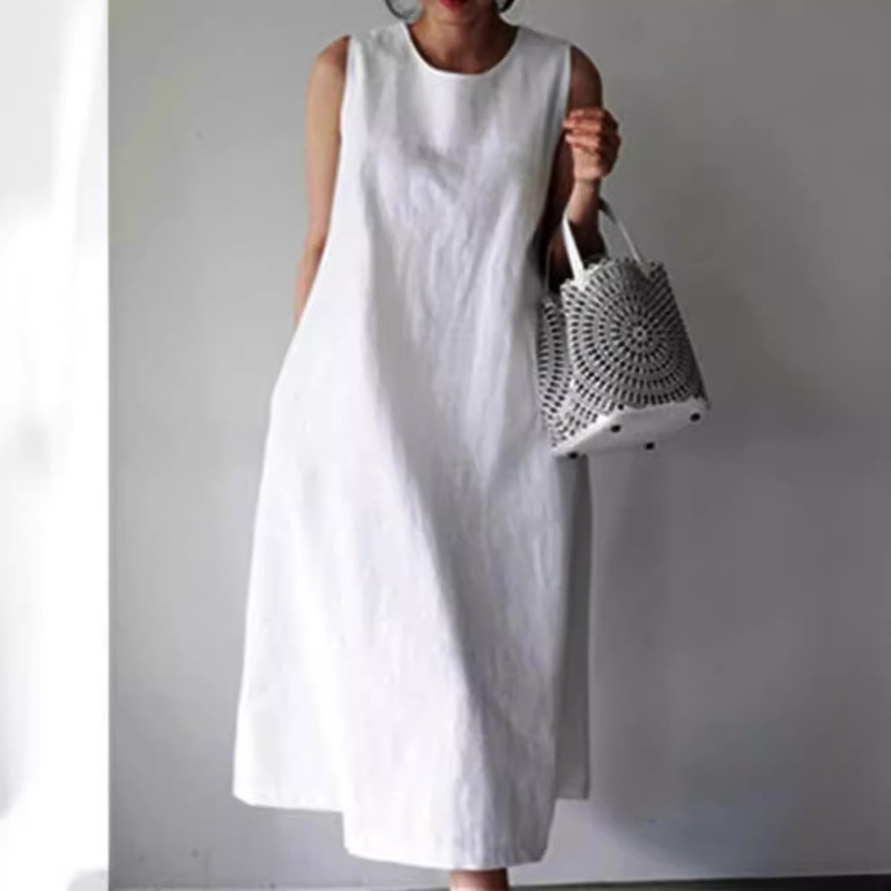 2021 Summer New Solid Color Cotton and Linen Sleeveless plus size Loose Korean-style Vessel Dress Round Neck Midi dress