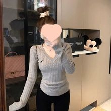 刺绣v领长袖针织衫女修身麻花内搭毛衣甜美显瘦冬天打底春季上衣