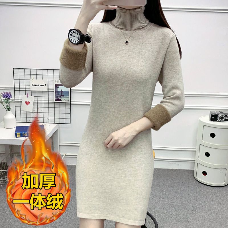Foreign trade autumn and winter warm padded one-piece velvet base sweater women's high collar fleece-lined long sweater dress