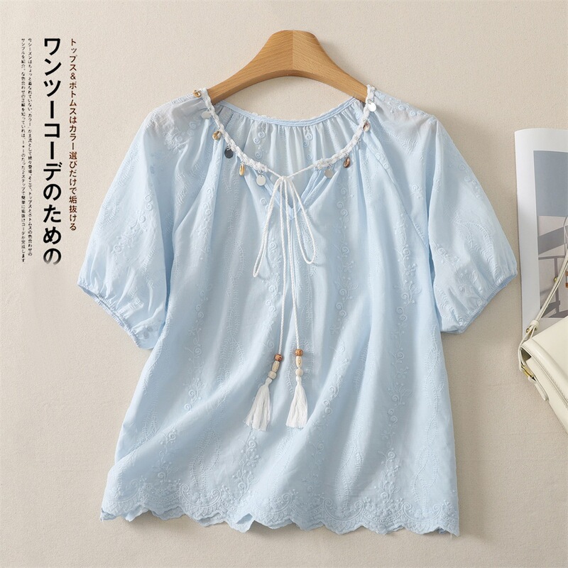Real Shot of Ethnic Style Tassel Tie-Up Blouse, Artistic Cotton-Linen Embroidered Top with Shell Sequin Embellishments Real Shot of Ethnic Style Tassel Tie-Up Blouse, Artistic Cotton-Linen Embroidered Top with Shell Sequin Embellishments