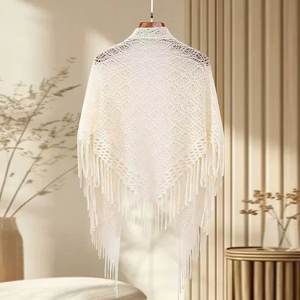 Cheongsam Shawl Knitted Tassel Triangle Towel Spring Summer Autumn Hollow Art Lazy Style Knitted Cardigan Outer Shawl