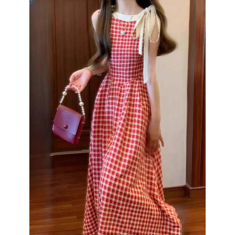 法式红色格纹无袖背心连衣裙子女夏季海边度假绝美多巴胺收腰长裙|undefined
