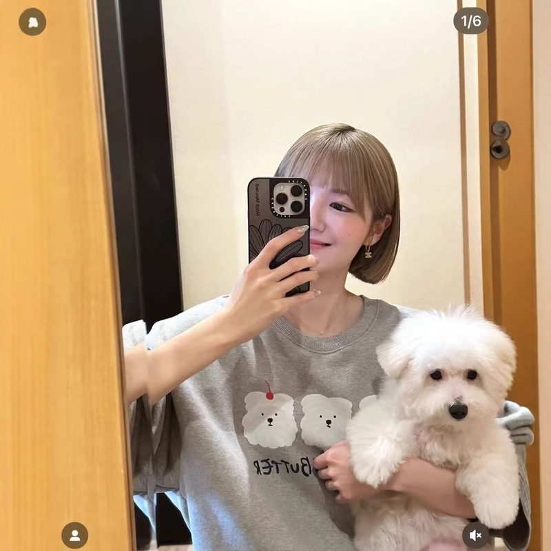 South Korea Niche Design Cute Dog Butter Cake Letter Printing Loose Round Neck Sweat New Fashion Loop