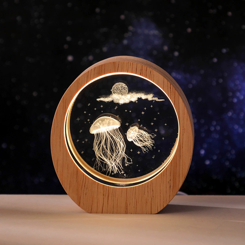 3D резной светящийся хрустальный ночник с деревянной основой, украшения для рабочего стола, подарок на день рождения для девочек и лучших друзей