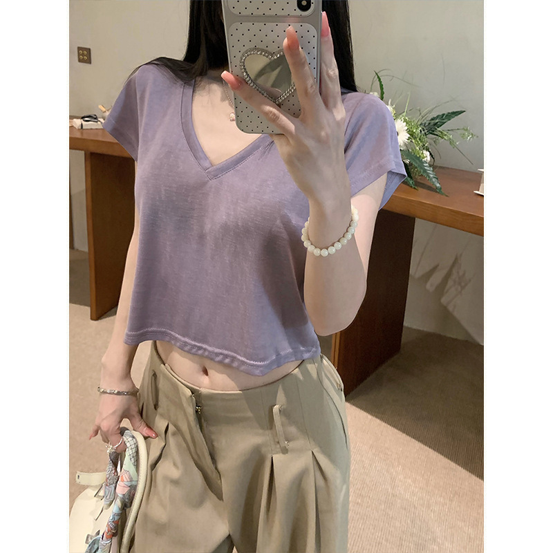 Moses Queen Cool and Slightly Transparent V-Neck Short Sleeve T-Shirt Summer Loose Simple Slimming Waist-Revealing Short Top Moses Queen Cool and Slightly Transparent V-Neck Short Sleeve T-Shirt Summer Loose Simple Slimming Waist-Revealing Short Top