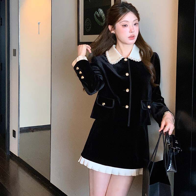 2025 Autumn Rich Girl Little Dress Suit French Retro Velvet Doll Collar Top and Skirt Two-Piece Set