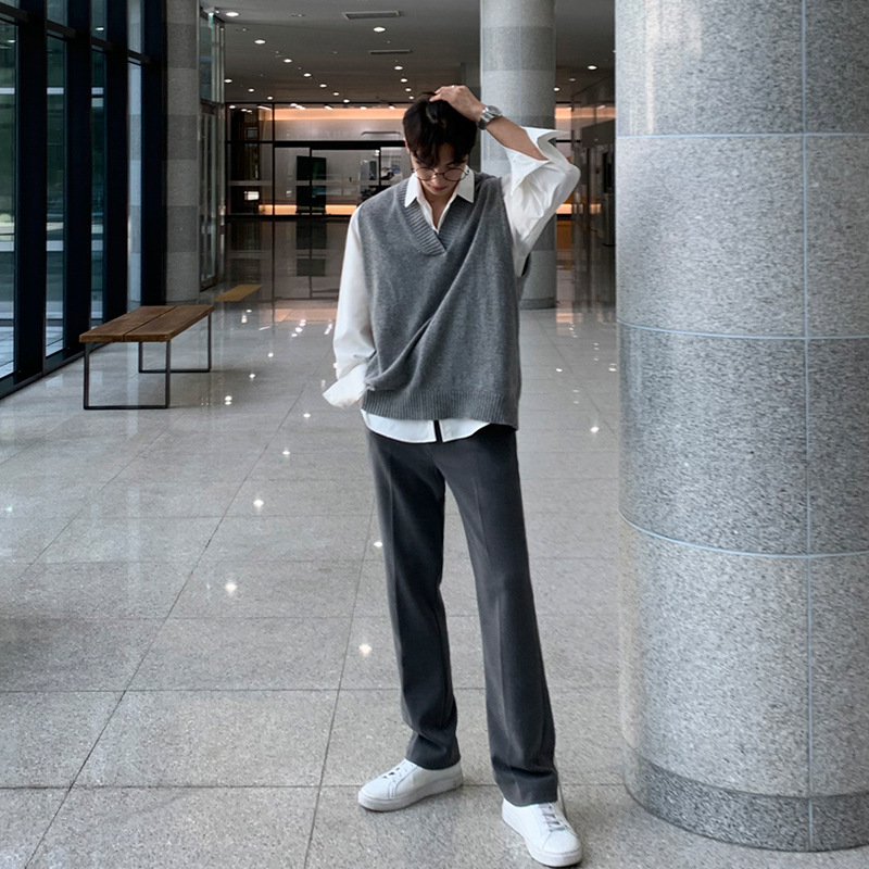 MYQ Chaleco de punto de color sólido de los hombres de primavera y otoño estilo coreano de moda personalizada con cuello en V suéter chaleco exterior chaleco Suelto