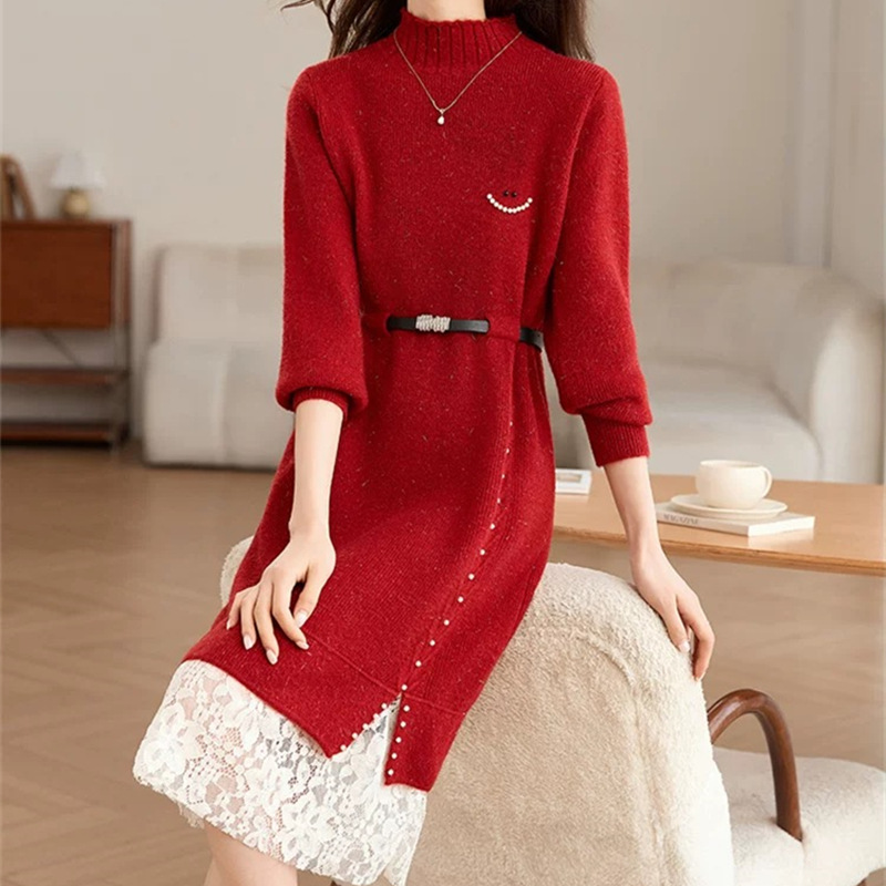 Abito in maglia elegante con pizzo e perline a maniche lunghe_voghion.com