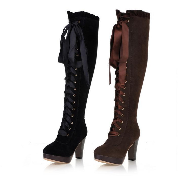 Wholesale High-Heeled Boots, Velvet Front Lace-Up High Boots, Korean Style Round-Toe Platform Women's Boots, Large Size F65